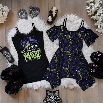 taobao agent Killstar Gothic hot girl black printed bud camisole dress short skirt loose and comfortable sleeping skirt