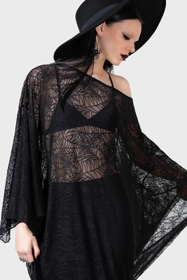 taobao agent Killstar Gothic retro witch Black spider web shirt hollow long -sleeved dress long skirt loose