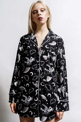taobao agent Killstar couple Gothic hot girl black cartoon printed loose long -sleeved pajamas home service