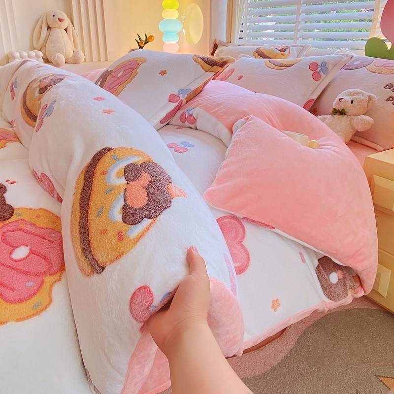 冬季加厚牛奶绒四件套双面绒被套床单雪花绒毛绒被罩床上用品