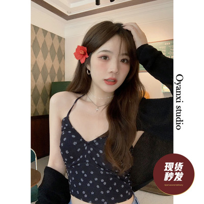 taobao agent Black sexy tank top, bra top, floral print