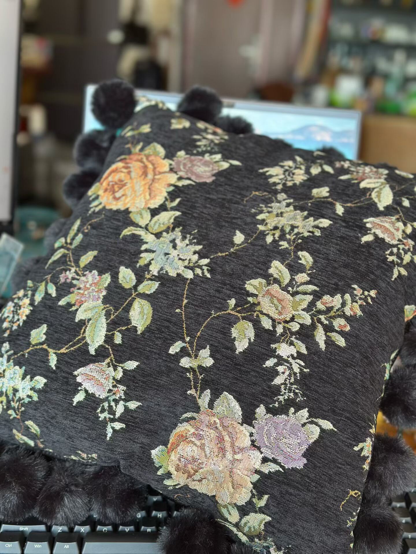 Black floral embroidered throw pillow cover with pom-pom trim 22x22 inch Monet Garden design