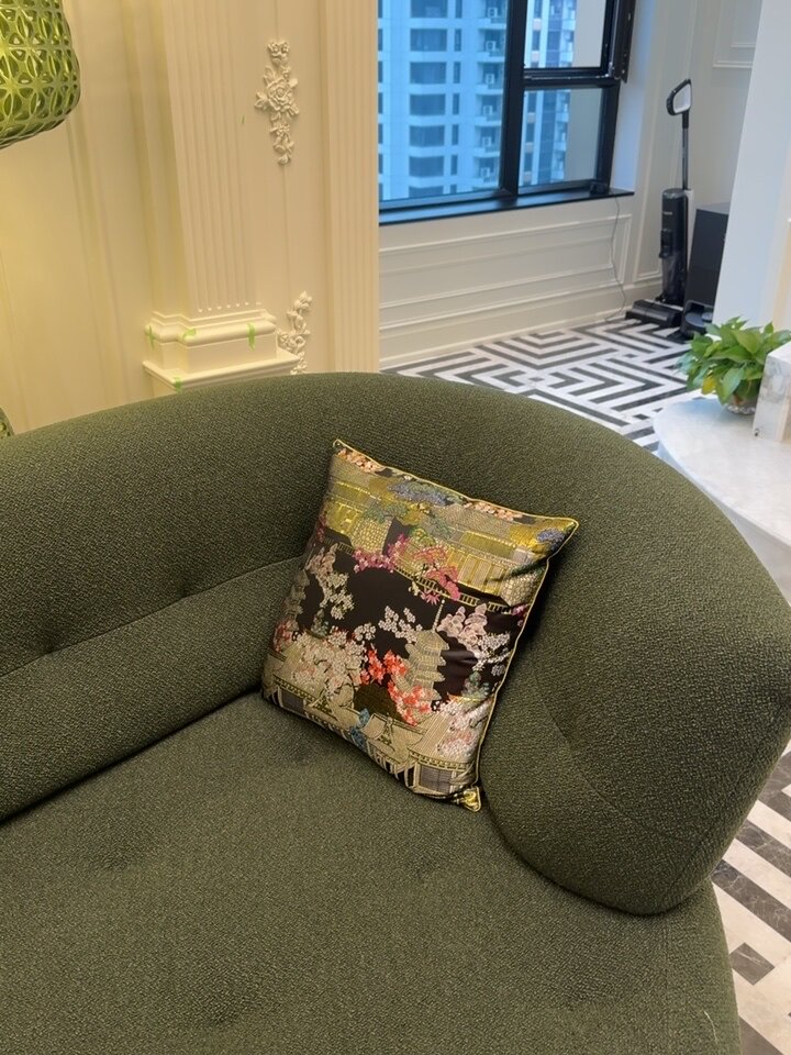Burgundy velvet pillow cover with hand-embroidered Asian botanical scene in gold and silk threads, 18 inch square