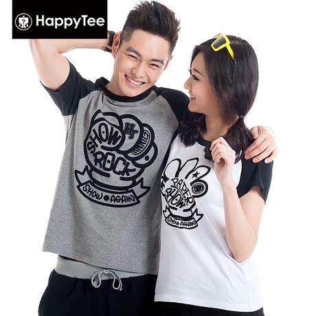 特价happytee夏装t恤男女短袖纯色情侣装纯棉剪刀石头布