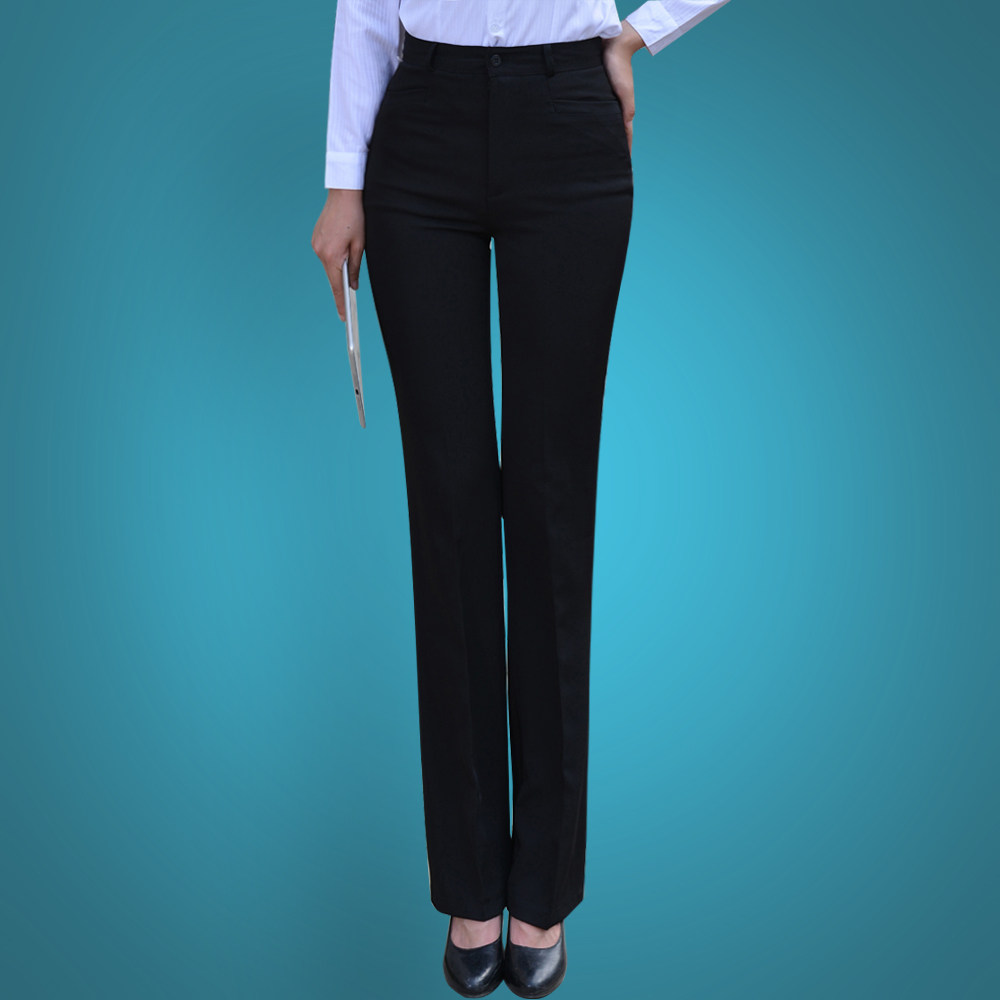 新款女西裤 职业西装裤加大工作正装裤 直筒 薄款口袋长裤子 黑色
