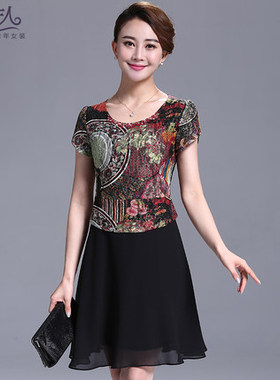 中老年女装夏装新款修身中长款短袖宽松蕾丝雪纺大码妈妈装连衣裙