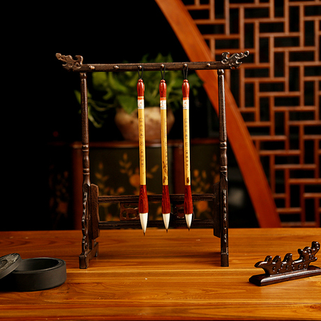 文房四宝毛笔狼毫挂书法用品笔搁鸡翅木龙头毛笔架毛笔挂12挂