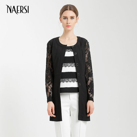 naersi娜尔思 女装秋装 干练利落无领蕾丝拼接外套防晒外套