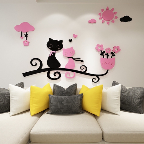 情侣猫墙贴创意3d立体背景墙纸贴画沙发卧室装饰温馨卡通浪漫满屋