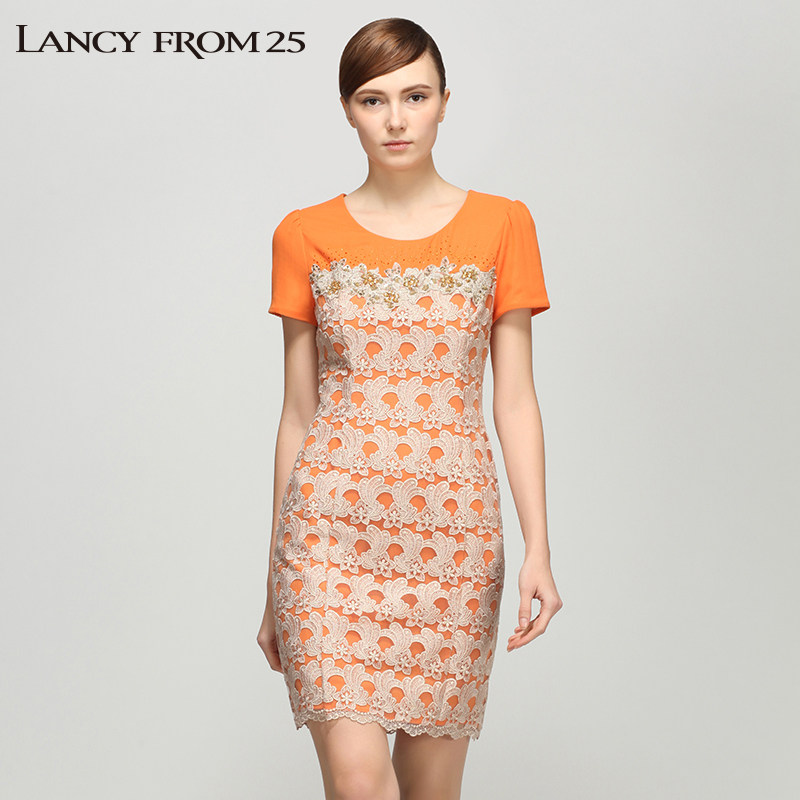 lancy朗姿 专柜正品夏装钩花蕾丝复古印花