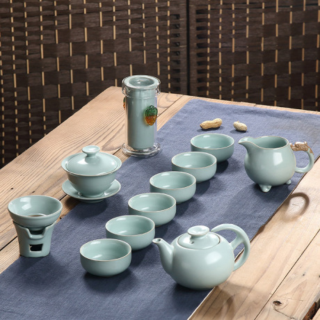 正品恒缘汝窑茶具套装泡茶器汝窑功夫整套茶具套装雕刻logo定制