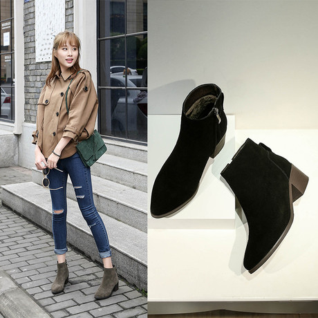 【牛皮短靴】_粗跟磨砂皮单靴图片_粗跟单靴价格_搭配分享 - 爱逛街