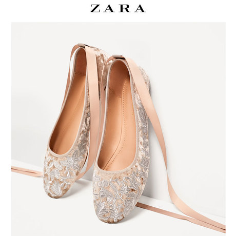 zara trf 女鞋 锦缎天鹅绒绑带芭蕾鞋 17260201004