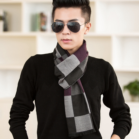 秋冬季韩版男仿羊绒围巾加厚保暖年轻人拚色围脖冬天男士商务围巾