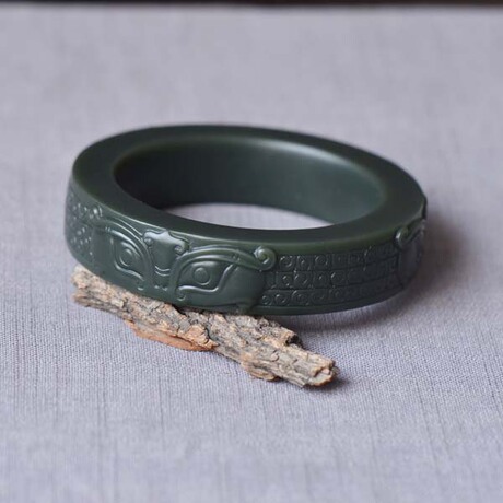 和田玉格尔木老料青海青一细绿底复古满工貔貅萌兽手镯 需订做