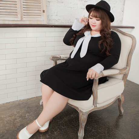 miss38特大码女装纯棉条纹领带学院风喇叭袖胖mm秋装连衣裙07931