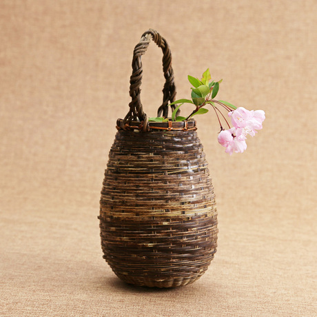 紫竹球形竹编插花篮 竹篮花道用品竹艺花入 花瓶茶楼摆设中式花器