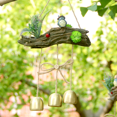 宫崎骏龙猫仿真木质树枝多肉微景观铜风铃车挂件七夕情人节礼物