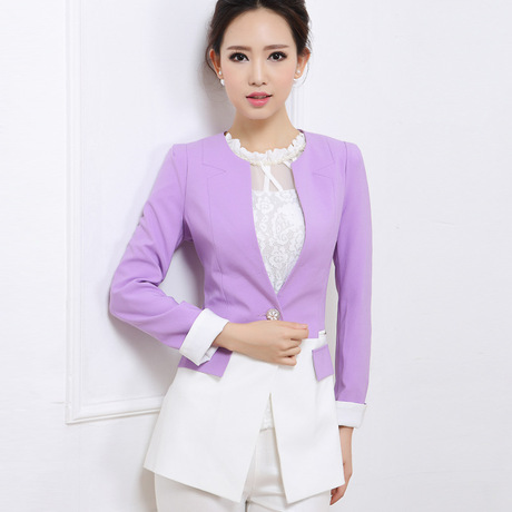 2014秋季新款韩版职业修身ol中长款一粒扣淡紫色长袖小西装女外套