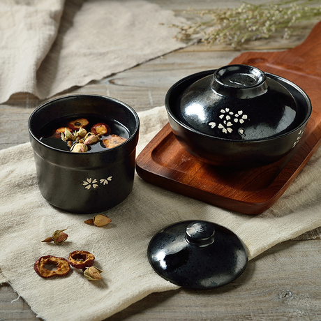 三分瓷业 陶瓷碗带盖 日式哑光樱花汤盅可爱味盅色釉汤碗炖盅餐具