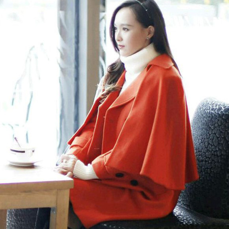 克拉恋人米朵唐嫣同款中长款桔红色西装领斗篷毛呢外套 时尚大牌范