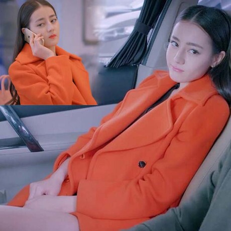 克拉恋人高雯明星同款橘色大衣女翻领中长款修身羊绒毛呢外套桔潮