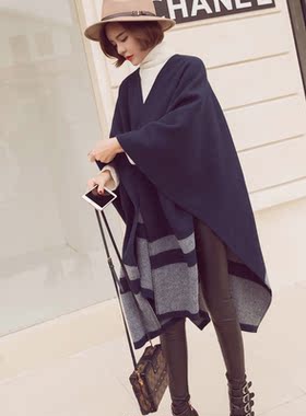 上海故事秋冬季带袖披风女斗篷披肩双面羊绒围巾两用加厚保暖外套