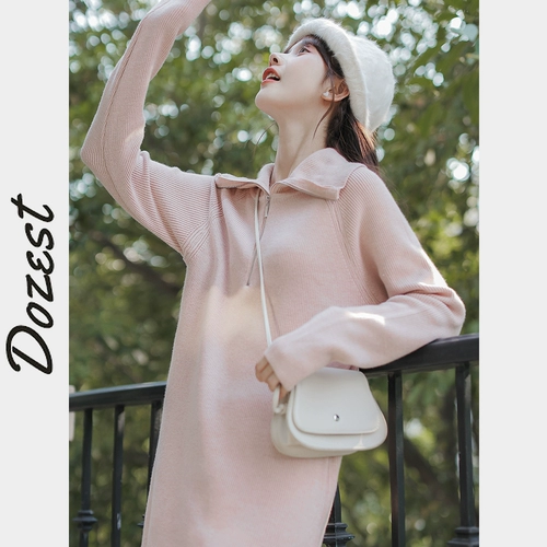 Трикотажное платье-свитер с молнией, платье, французский стиль, свободный крой, длина миди, в западном стиле