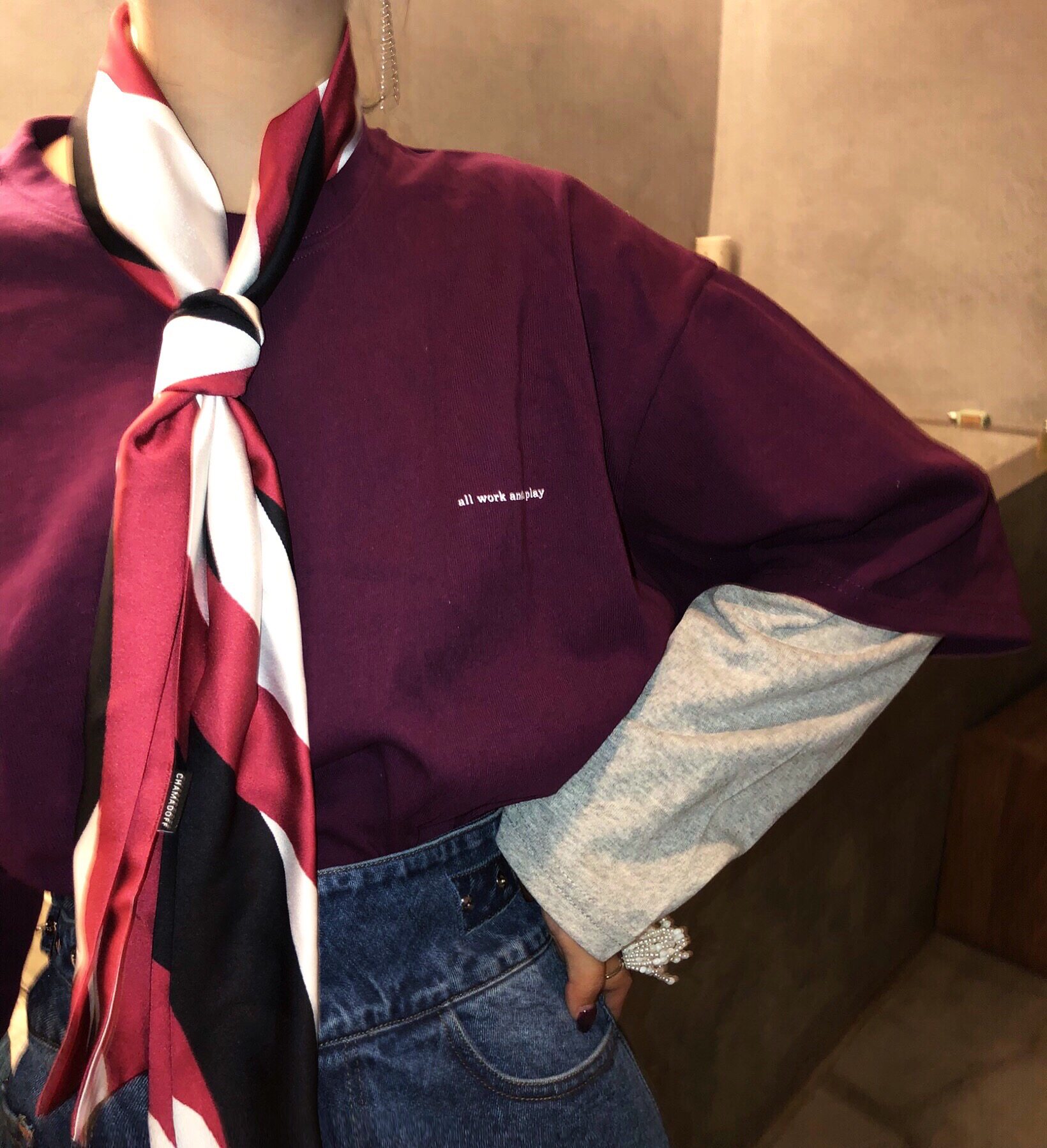 ff studio定制 红白黑撞色拼接丝巾女2018春季新款百搭时尚长款围