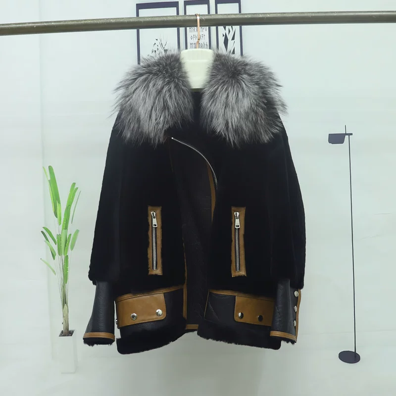 Winter short black woolen jacket, 2022 collection, genuine leather