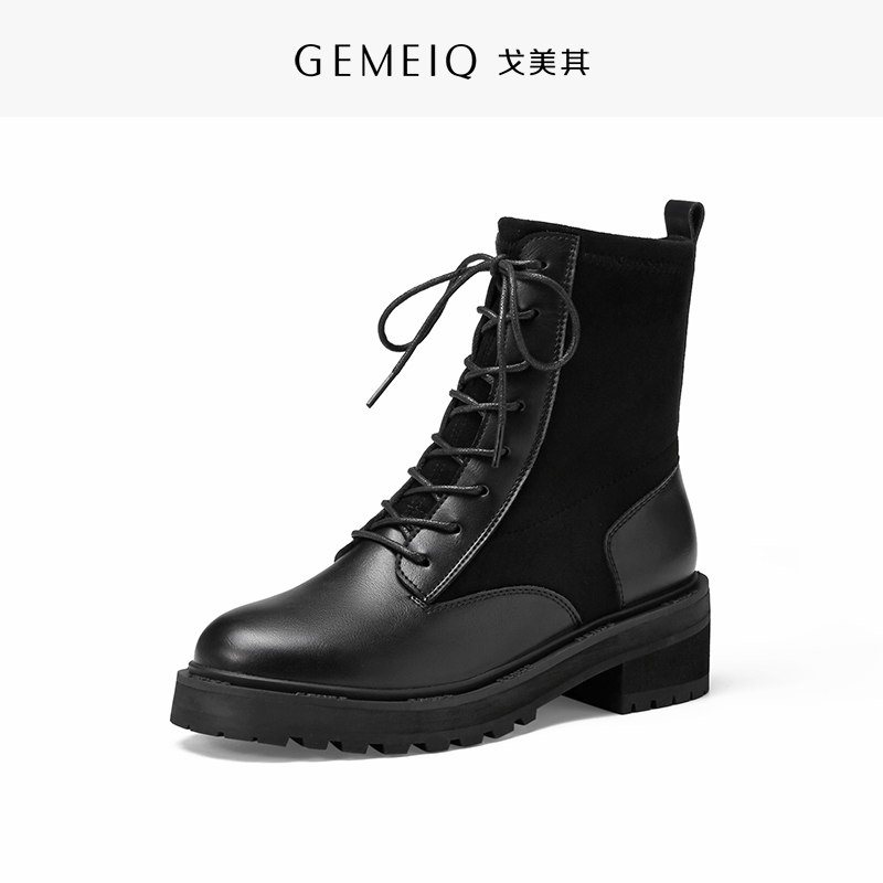 gomeqi leather short tube lace-up martin boots female british style 2019 winter new mid-heel platform motorcycle boots