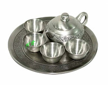 俄罗斯锡制茶具欧式套装茶壶+四只茶杯托盘 居家商务礼物古锡茶具