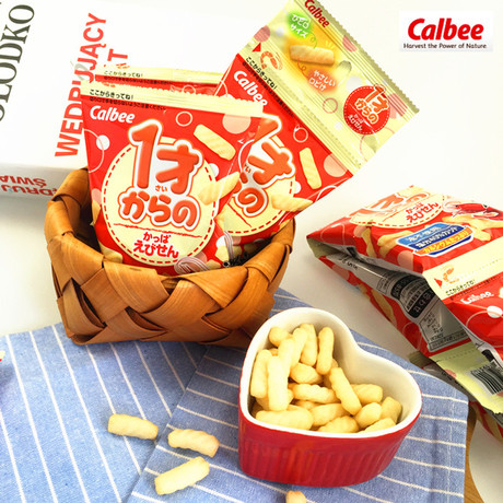 日本进口零食品calbee卡乐比1岁虾条4连包虾条32g低盐