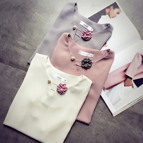 【嗬嗬也也】限量100件短袖百搭纯色玫瑰花胸针雪纺衫t恤女td1456