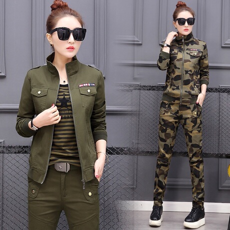 2017春季套装水兵舞广场舞服装户外军装工作服修身迷彩服短外套女