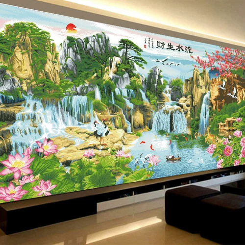 Liushui Shengcai Cross Emelcodery 2023 Новая вышитая вышивка гостиной 2022 Значительная китайская атмосферная пейзажная живопись Добро пожаловать