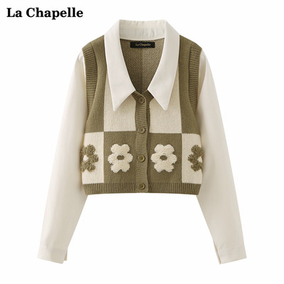 taobao agent La Chapelle autumn new plaid small flower knit vest vest fake two -piece shirt female