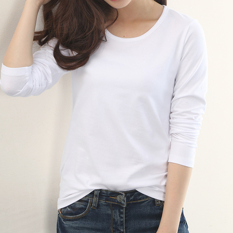 韩版纯白色秋季打底衫女长袖t恤衫宽松圆领体恤秋装纯棉加厚白t