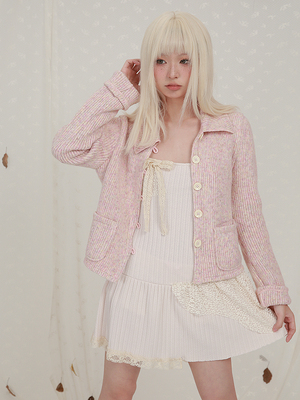 taobao agent Rose islan to Rose Island pink short long -sleeved knitted lapel sweater cardigan