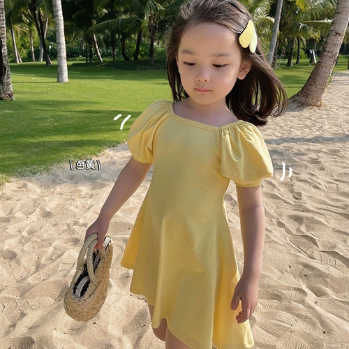 Платье, летняя одежда, модная юбка на девочку, наряд маленькой принцессы, в корейском стиле, А-силуэт, рукава фонарики