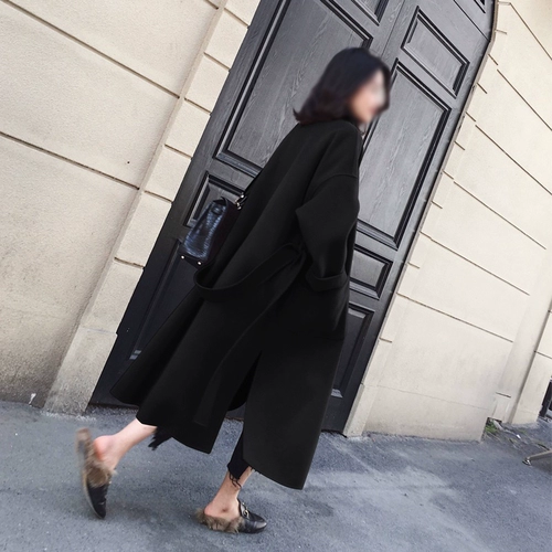 Демисезонное черное длинное шерстяное пальто, 2023, средней длины