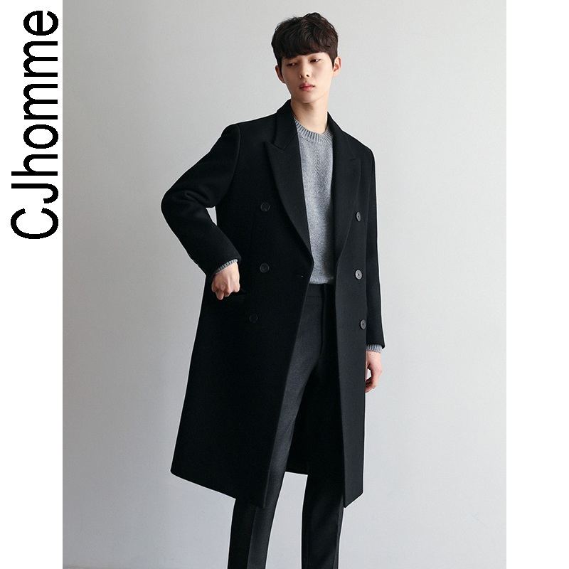 CJHOMME冬季加厚韩版新款黑色毛呢大衣男中长款休闲羊绒纯色外套