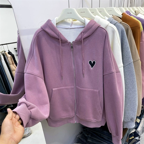 Зимняя толстовка с капюшоном с молнией, куртка, короткий кардиган, 2022, с вышивкой, в корейском стиле, оверсайз