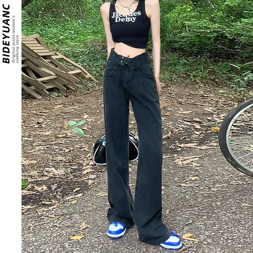 Ретро черные летние дизайнерские джинсы, штаны, в американском стиле, оверсайз, свободный прямой крой