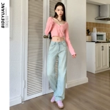 Светлые прямые свободные джинсы, осенние штаны, высокая талия, свободный крой