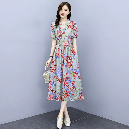 Летний приталенный корсет, длинное платье для отдыха, юбка, цветочный принт, из хлопка и льна, средней длины, короткий рукав