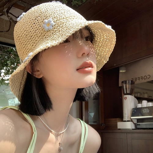 Соломенное летнее дышащее японское свежее ведро, шапка, в цветочек, защита от солнца