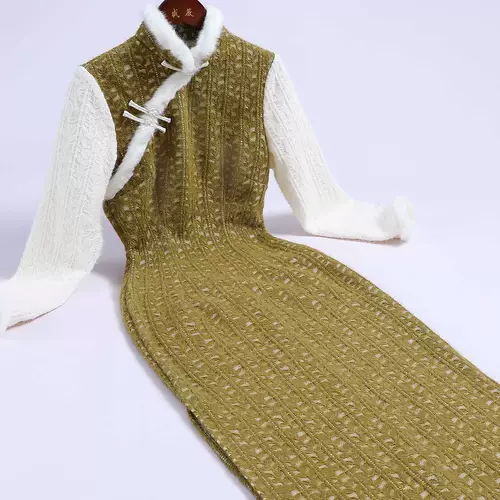 Зеленое кружевное легкое ципао, лонгслив, светлый стиль