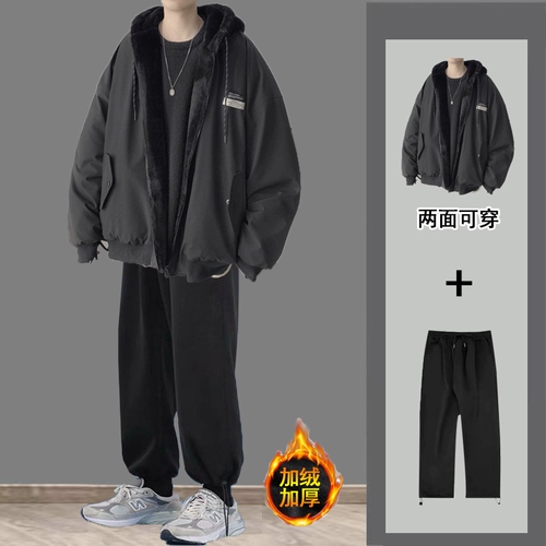 Зимний пуховик, комплект, трендовая бархатная куртка, увеличенная толщина