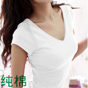 Cotton short sleeve T-shirt, summer summer clothing, white colored long-sleeve, Korean style, V-neckline, tight, with short sleeve
